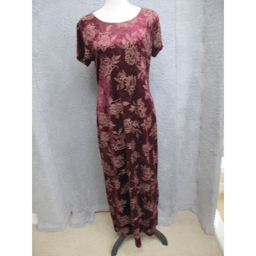 Vtg Especially Yours Maxi Dress Women S Burgundy Floral Velvet Metallic Glam 90s